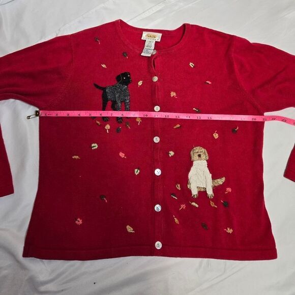 VINTAGE 90s red Talbots dog felted‎ fall leaves button up holiday cardigan S/M - Picture 11 of 12